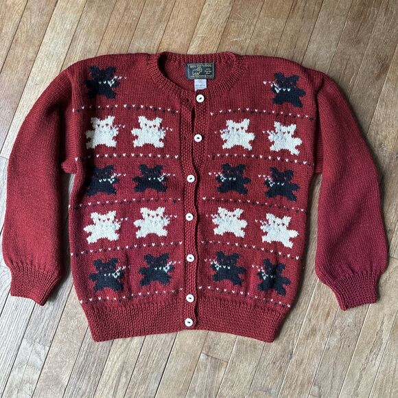 South Wool Cardigan Hand Knitted Pure‎ Wool Size M Red Teddy Bears - Picture 1 of 7